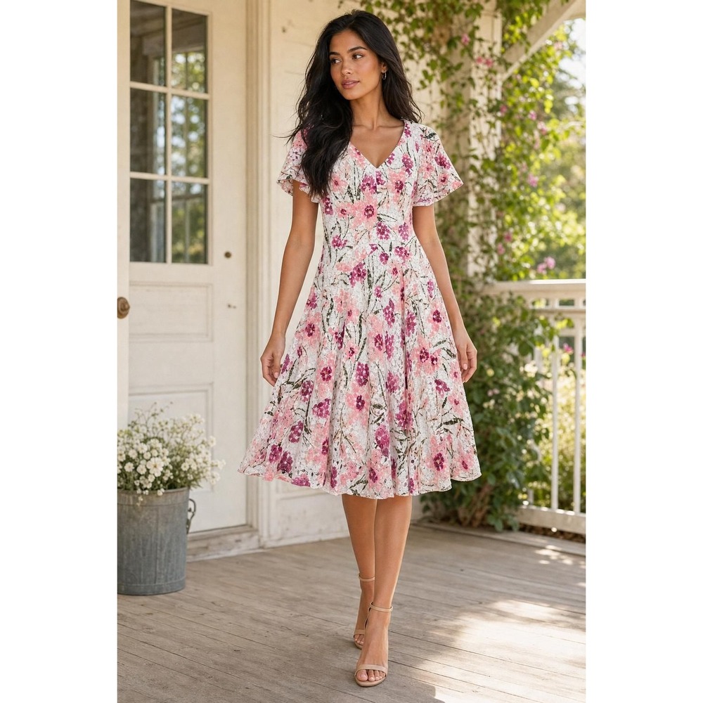Rabbit Designs Crochet Dress Women's 6 Fit Flare Midi Floral Pink Wedding Guest